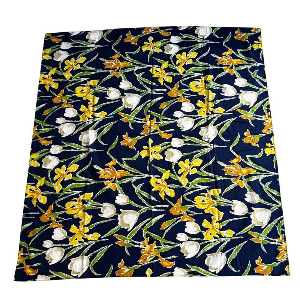 Hand Sewn Fabric Tablecloth navy blue yellow white flowers irises tulips square